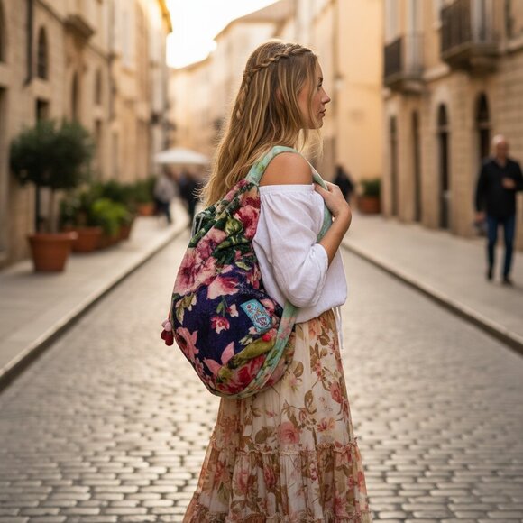 JOHNNY WAS one shoulder velour drawstring backpack / sling bag w logo tag - Picture 10 of 10